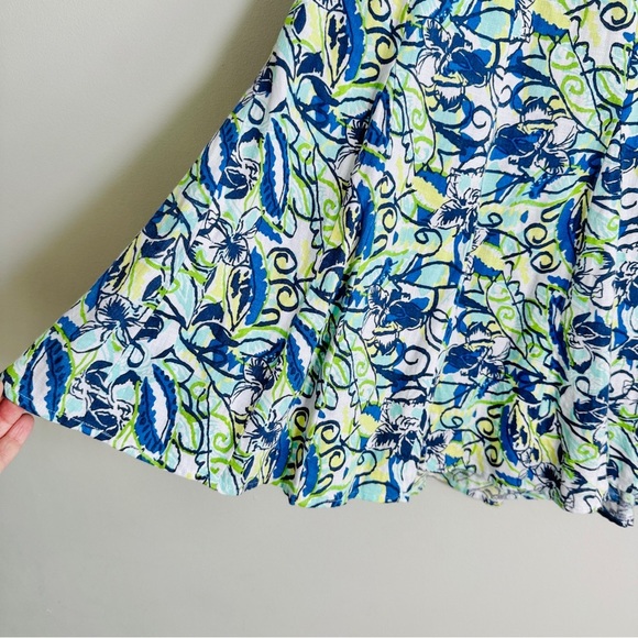 JM Collection Skirt 16 Petite Blue Green Yellow Floral Linen Midi - Picture 3 of 6